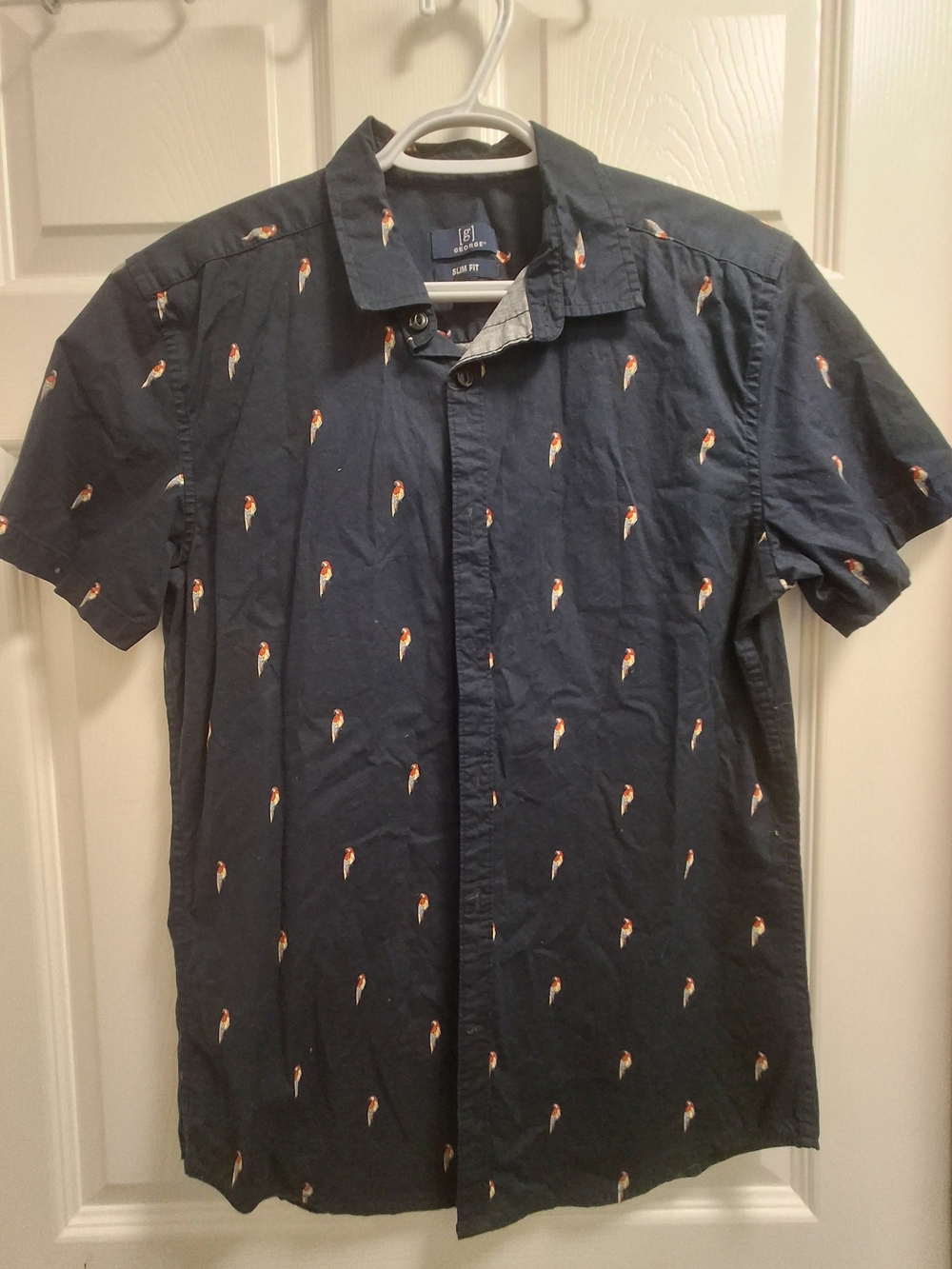 George Navy Short-Sleeve Button-Down Shirt with Small Parrot Motif - S